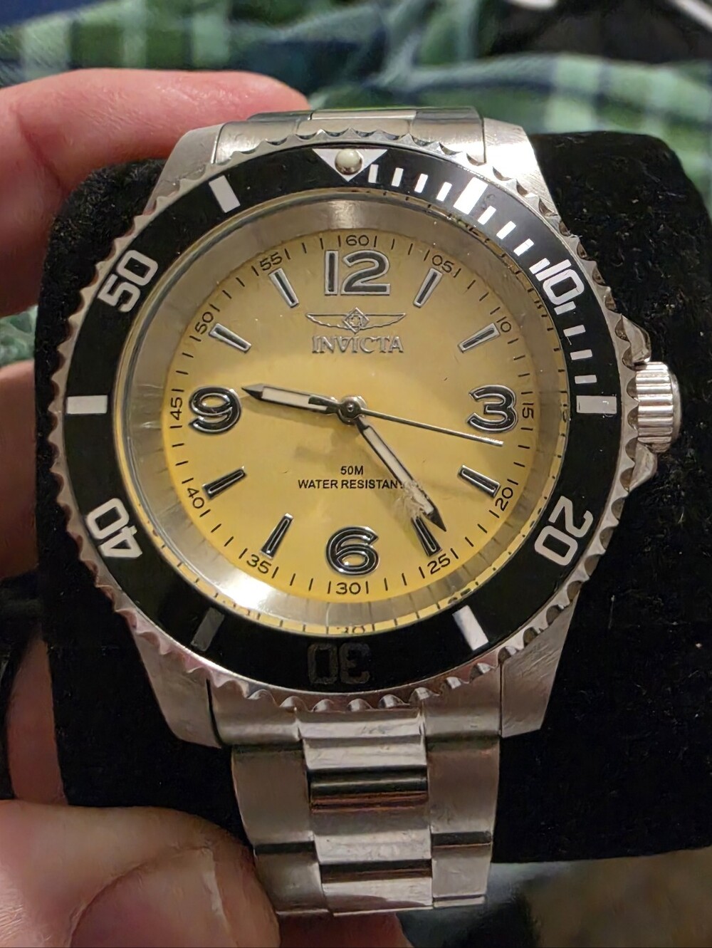 Invicta Men’s Silver Watch with Yellow Dial and Black Bezel